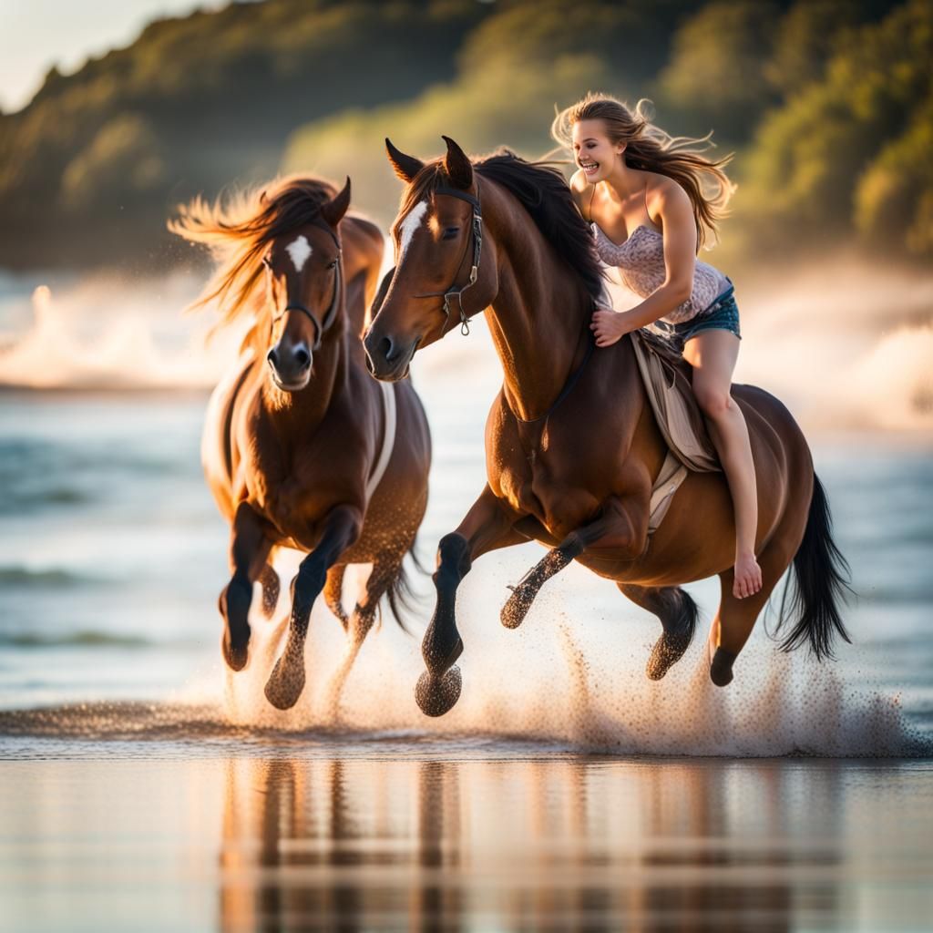 Horses Jumping in Water on Beach with Riders