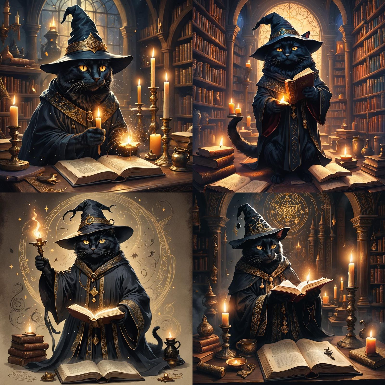 Wizard Cat in Mystical Library
