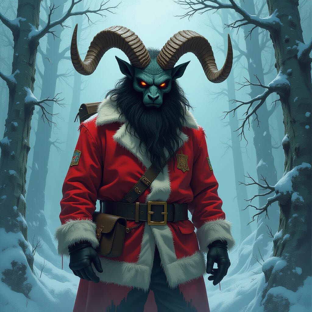 Krampus in Snowy Forest, a Dark Etching