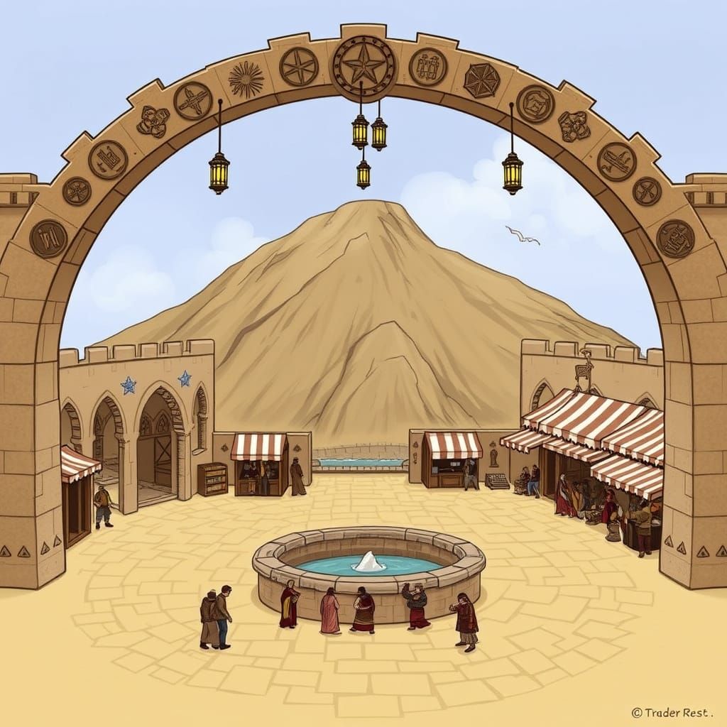 Surreal Waterfront Plaza with Merchant Guild Crests and Lant...