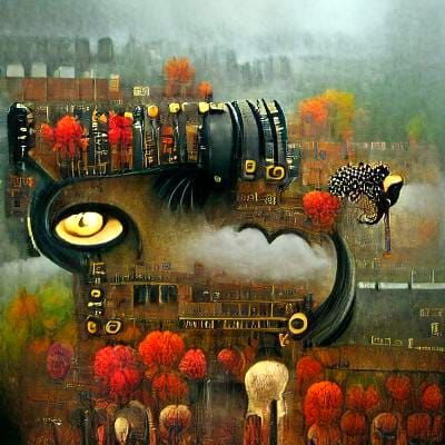 Girl in Rainy Twilight, Surrounded by Whimsy