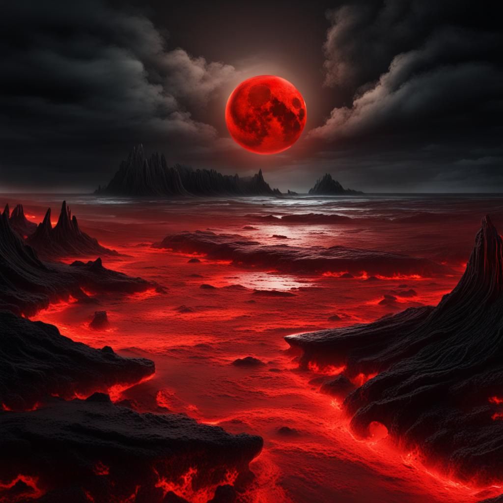 Surreal Hellfire Beach with Red Moon