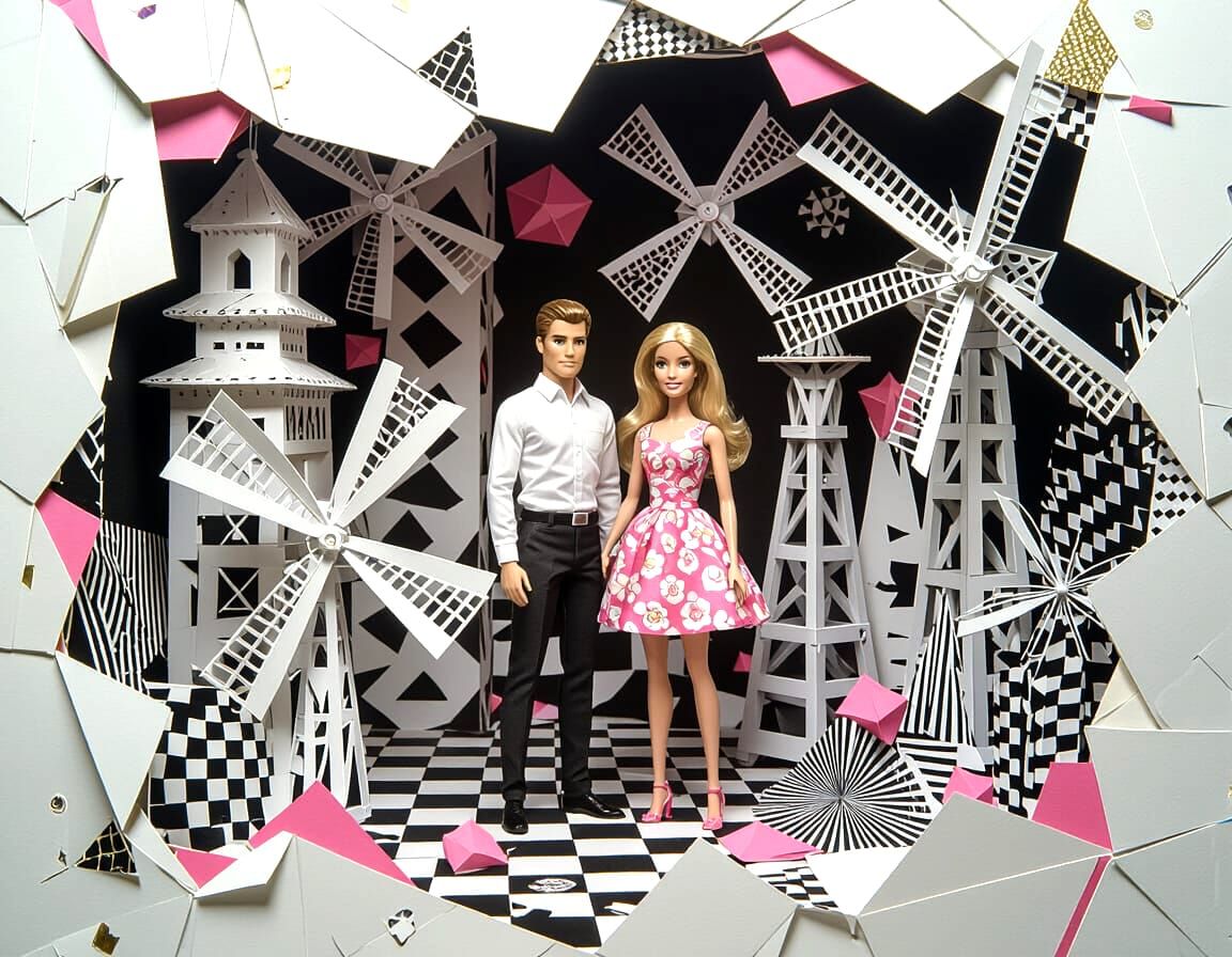 Barbie and Ken in Pink Origami Diorama