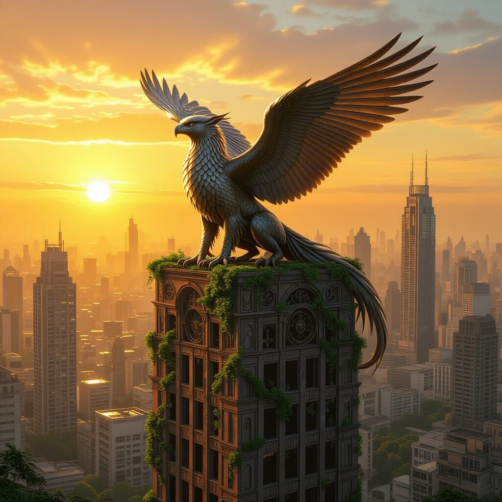 Metallic Gryphon Perched on Ruined Skyscraper