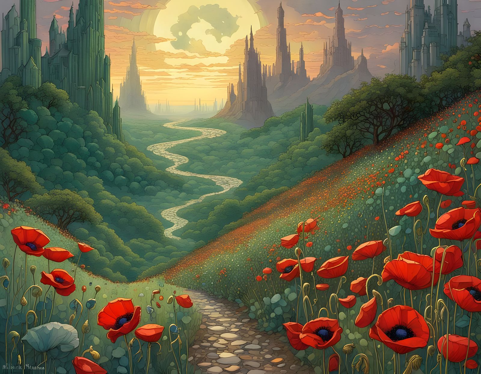 Emerald Oasis in Oz Landscape with Golden Path and Ruby Popp...