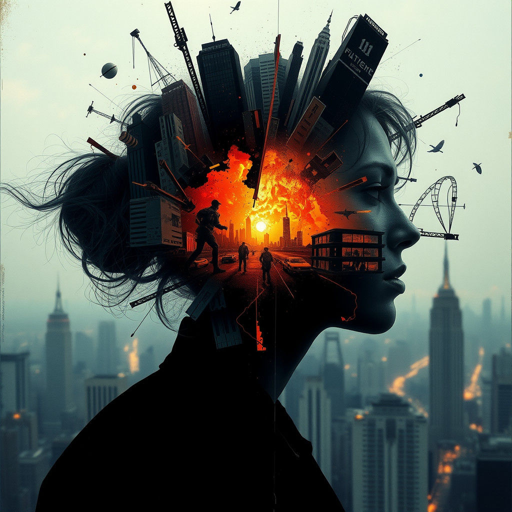 Surreal Double Exposure: Dystopian Headscape