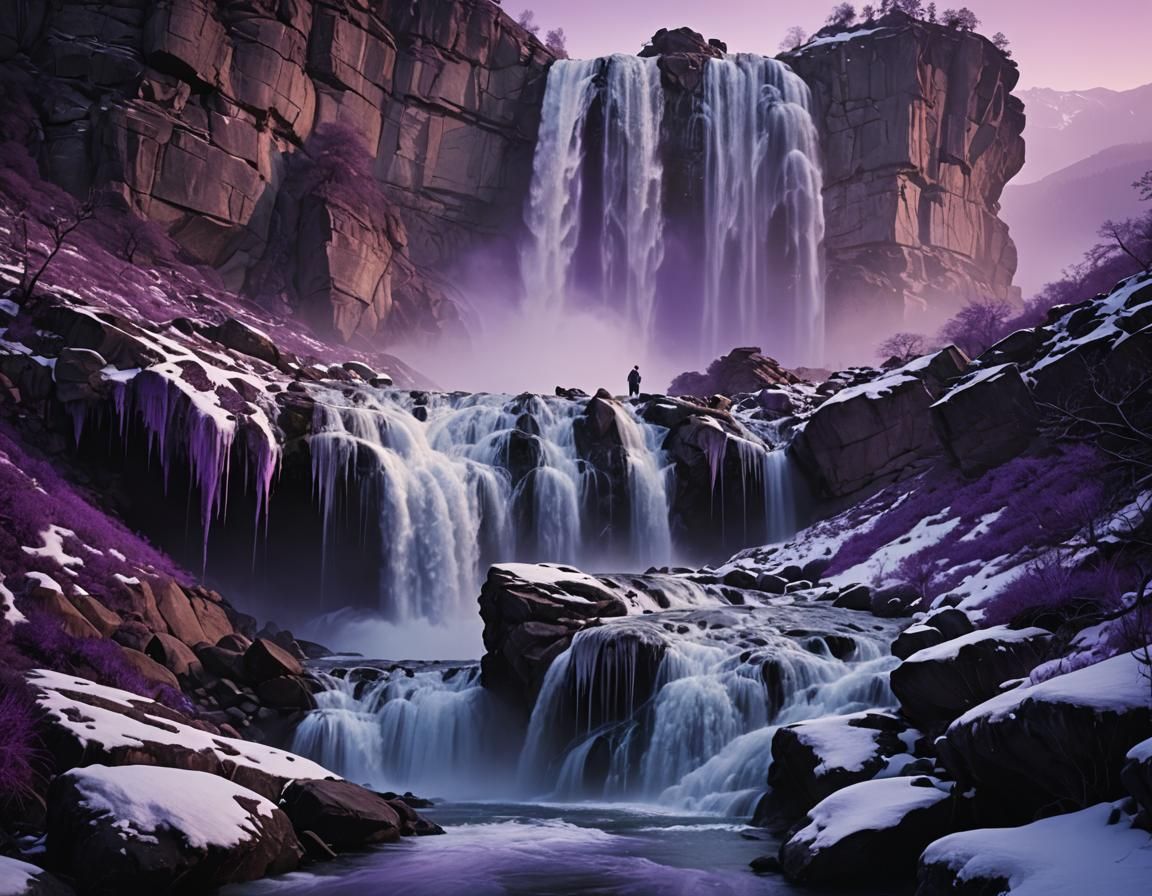 Icy Waterfall in Violet Light: Dreamlike Landscape