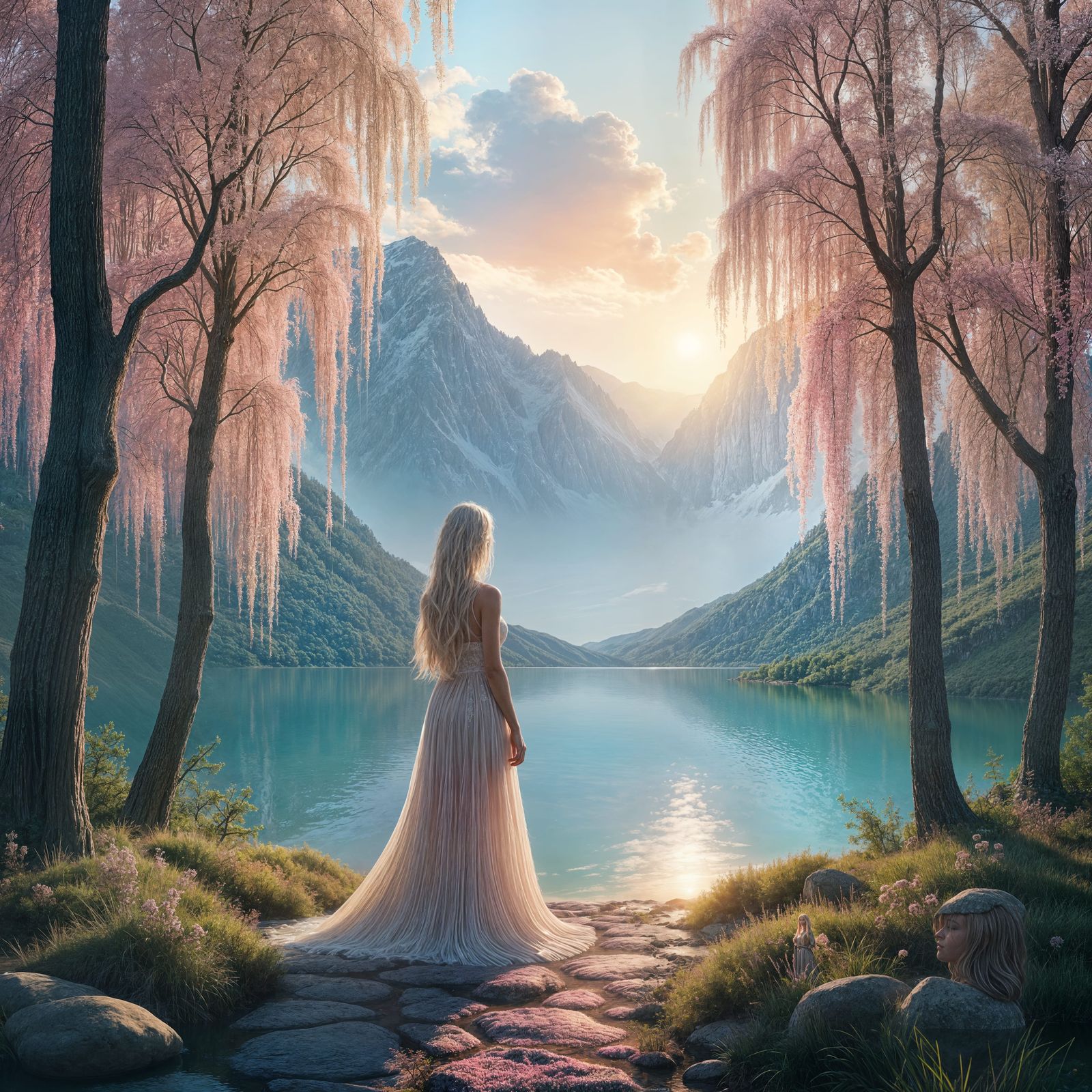 Ethereal Woman in Forest at Sunrise