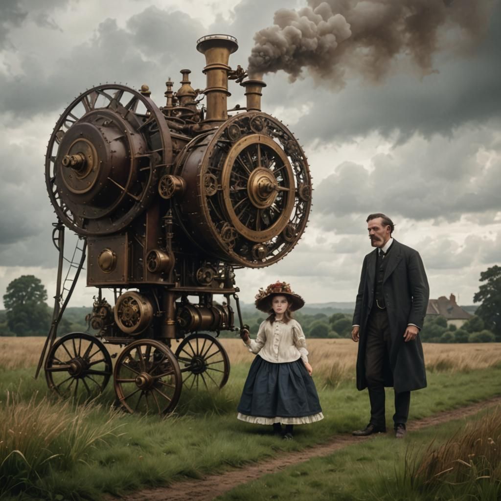 Edwardian Father and Daughter with Steampunk Weather Machine