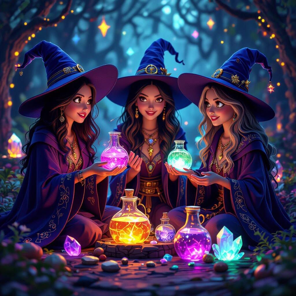 Mystical Witches in Whimsical 3D Art Style