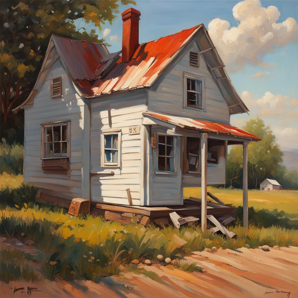 Eerie Hyperrealistic Farmhouse Scene as Oil Painting