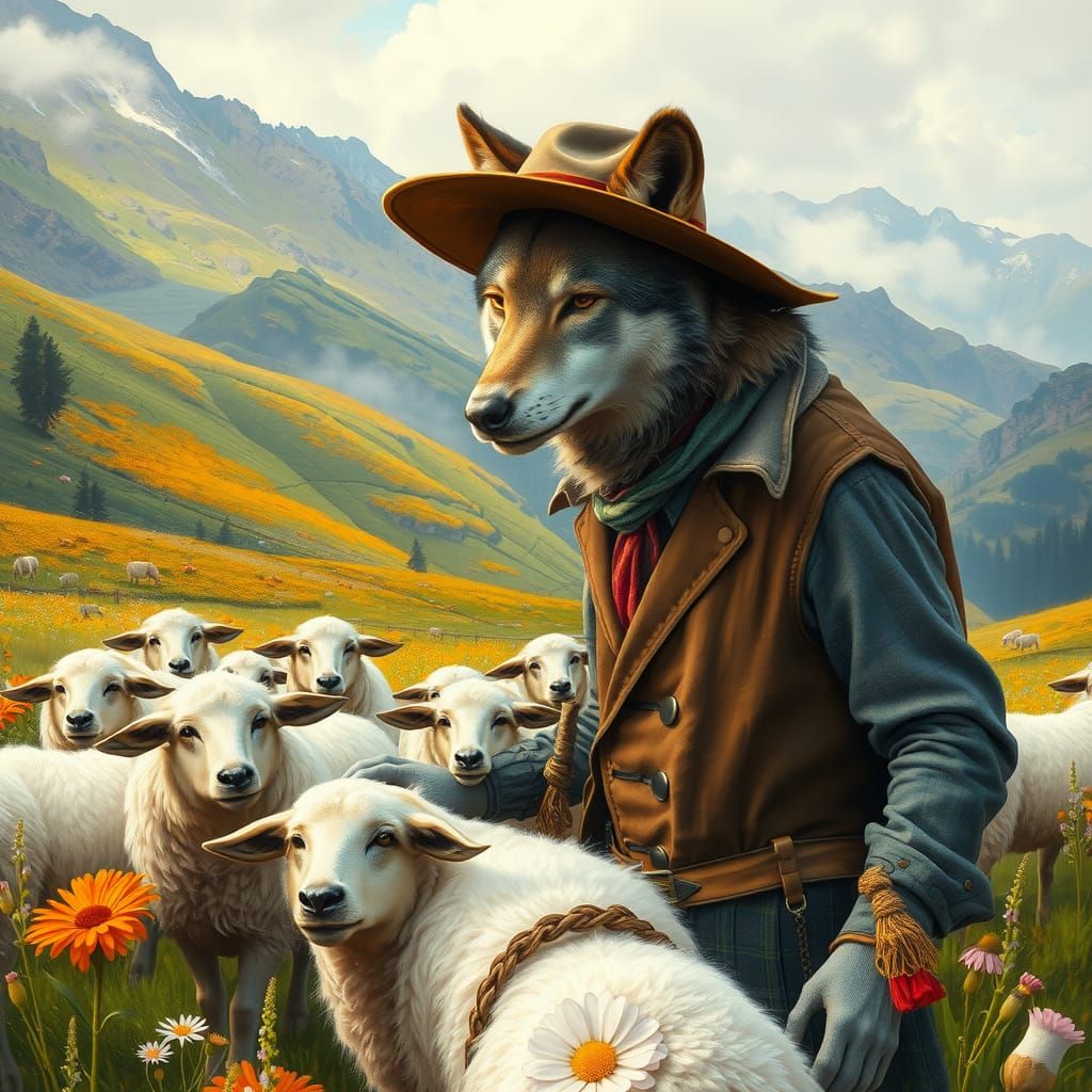Wolf Herder in Mountain Meadow, Pastoral Scene