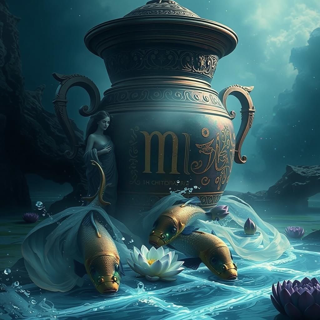 Mystical Pisces Emerges from Urn in Symbolist Style