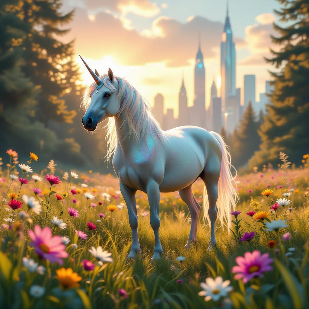 Unicorn Enters Cyberpunk Cityscape in Fantasy Realism