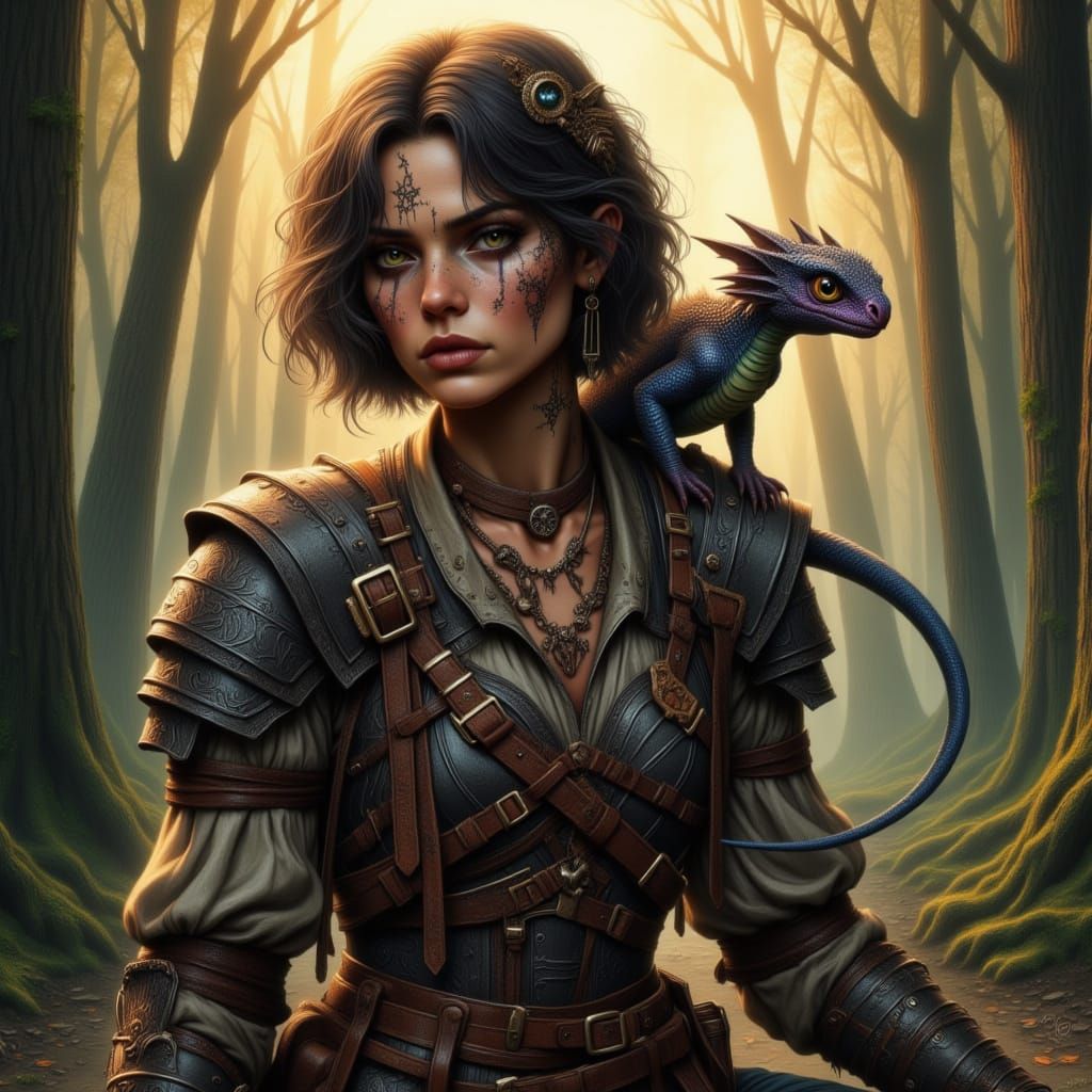 Medieval Warrior Woman with a Baby Dragon Companion