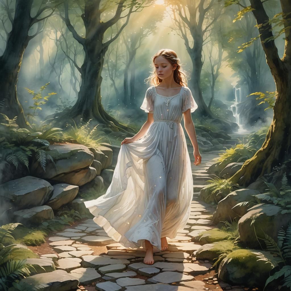 Ethereal Girl Steps on Glowing Crack: Watercolor