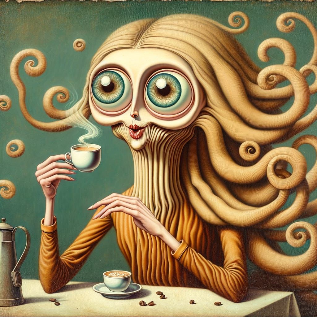 Expressionist Woman with Coffee: Surreal Dreamscape