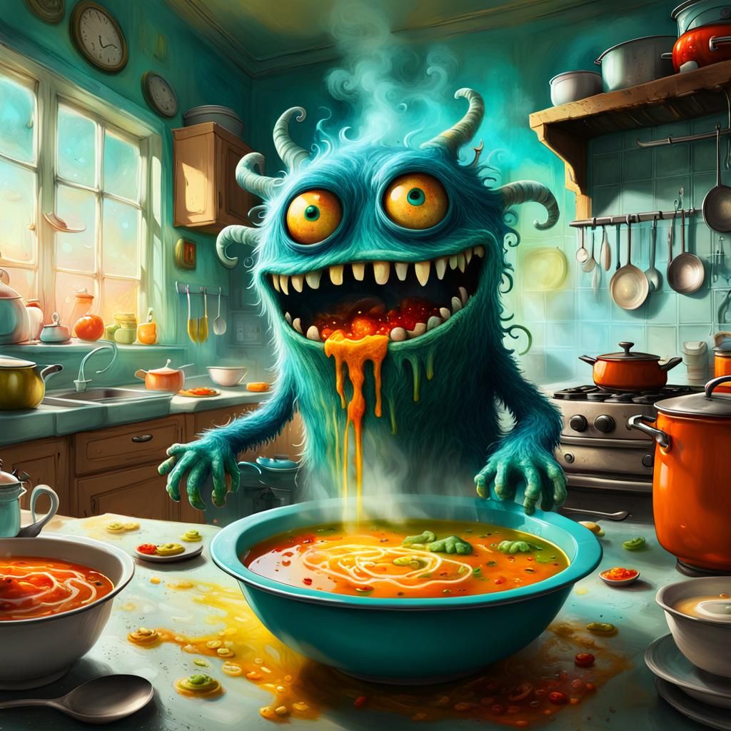 A colorful soup monster sits in a bright ghostly kitchen