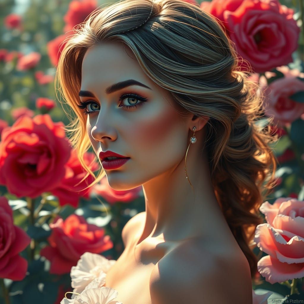 Elegant Woman in a Rosy Garden