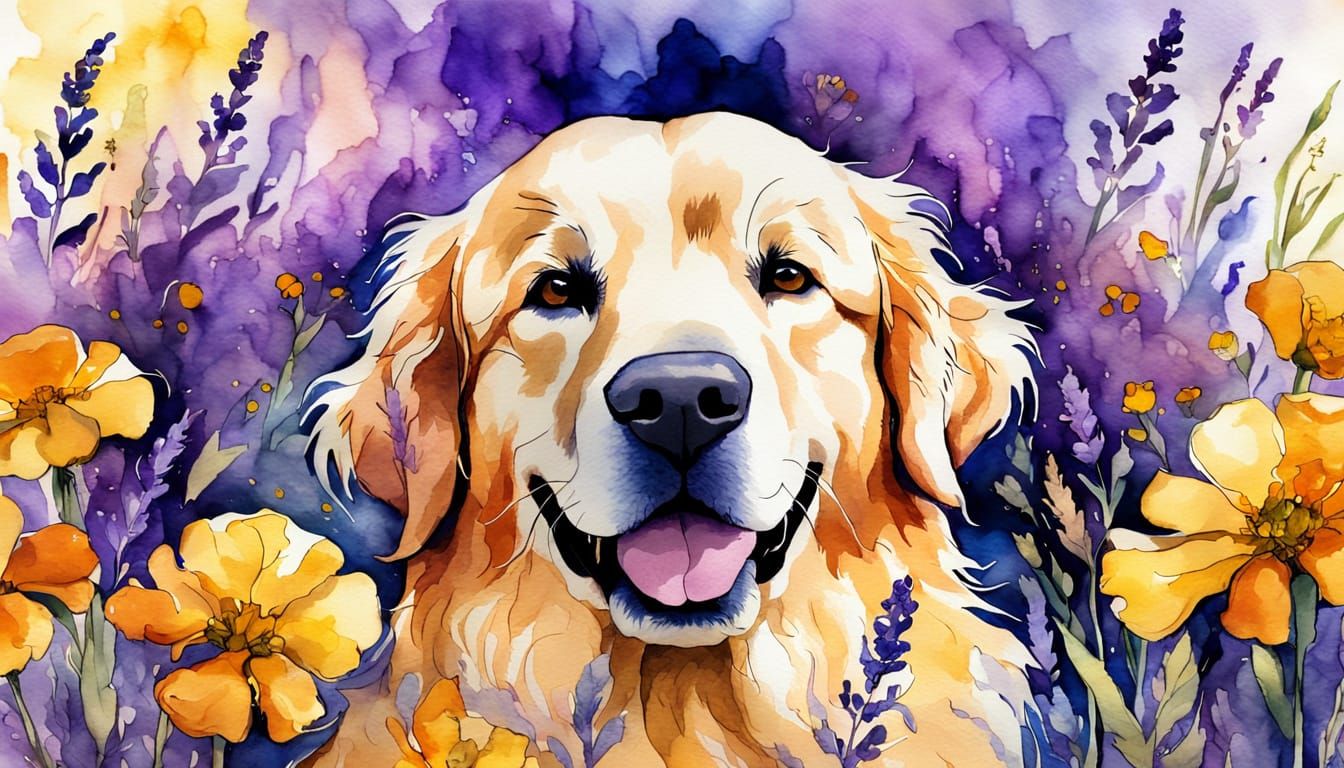 Majestic Golden Retriever with Lavender in Watercolor Style