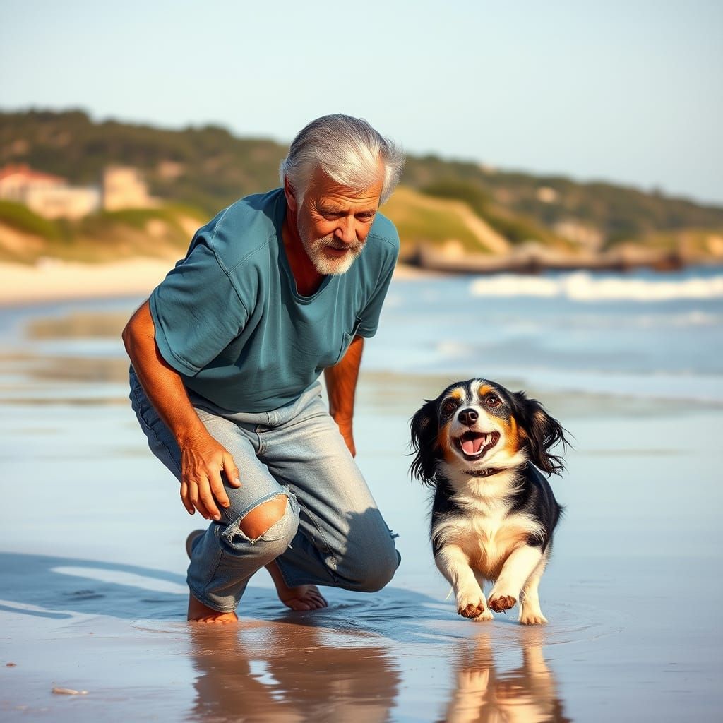Man and Dog Playing Fetch, Rockwell-esque