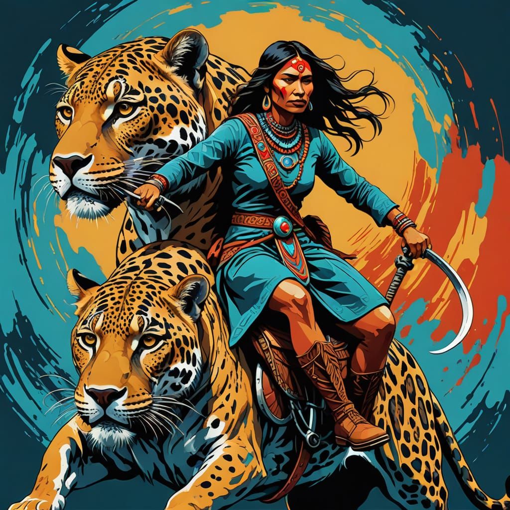 Native Woman Rides Sabre Tooth Jaguar in Abstract Art