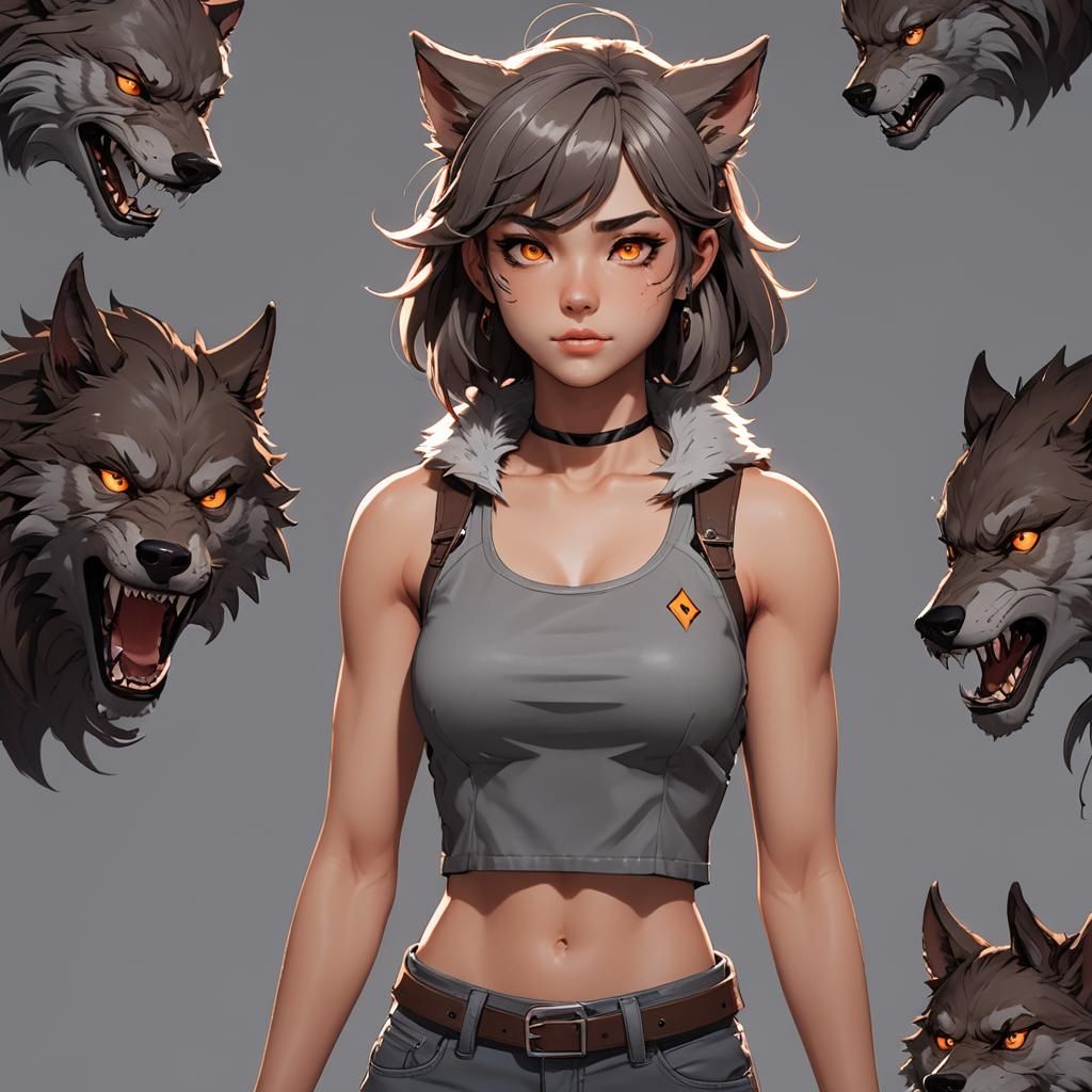 Confident Anime Werewolf Girl in Moonlight