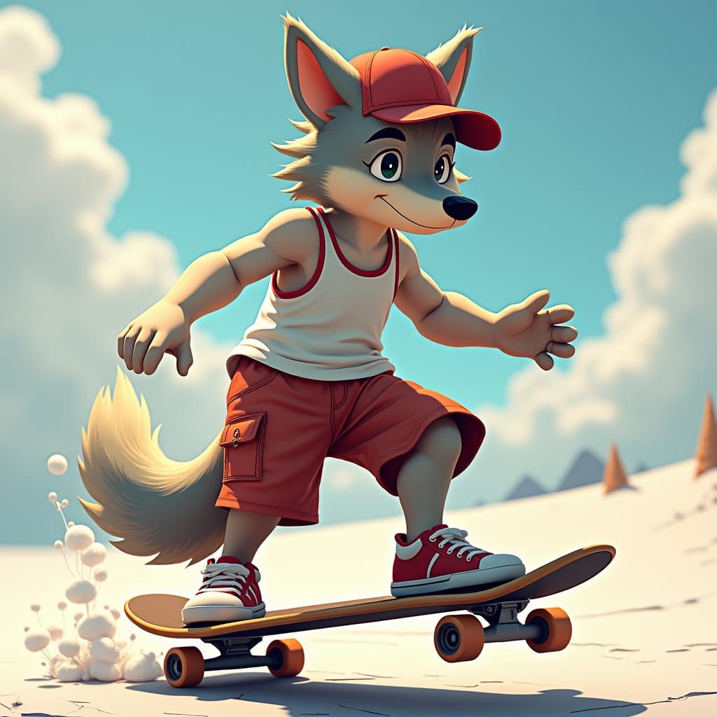 Teenage Wolf Skateboarding in Anime 3D Style