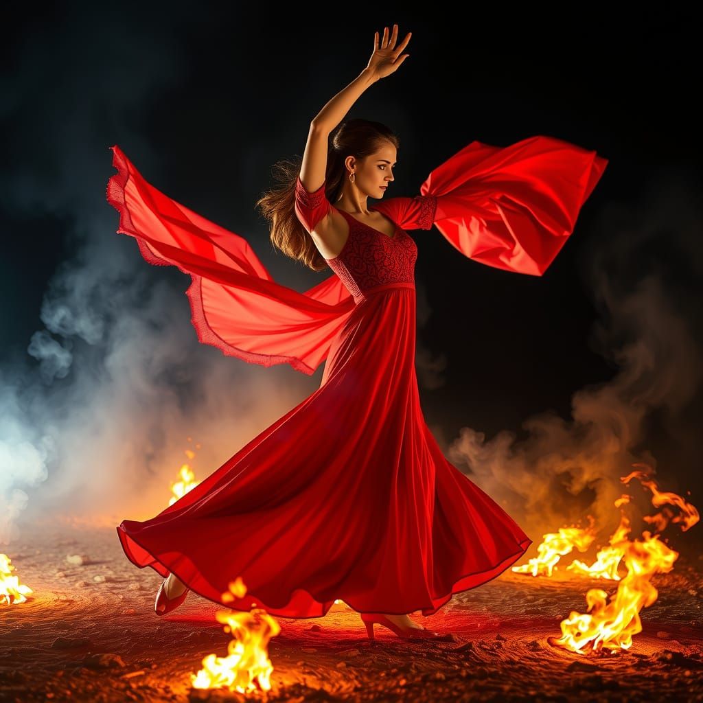 Ethereal Dancer Twirling in Fire, Mystical Art