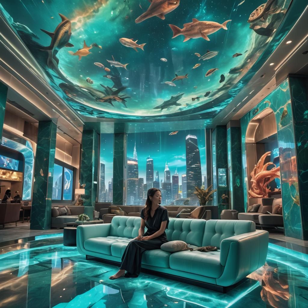 Futuristic Living Room with Holographic Accents in 8k