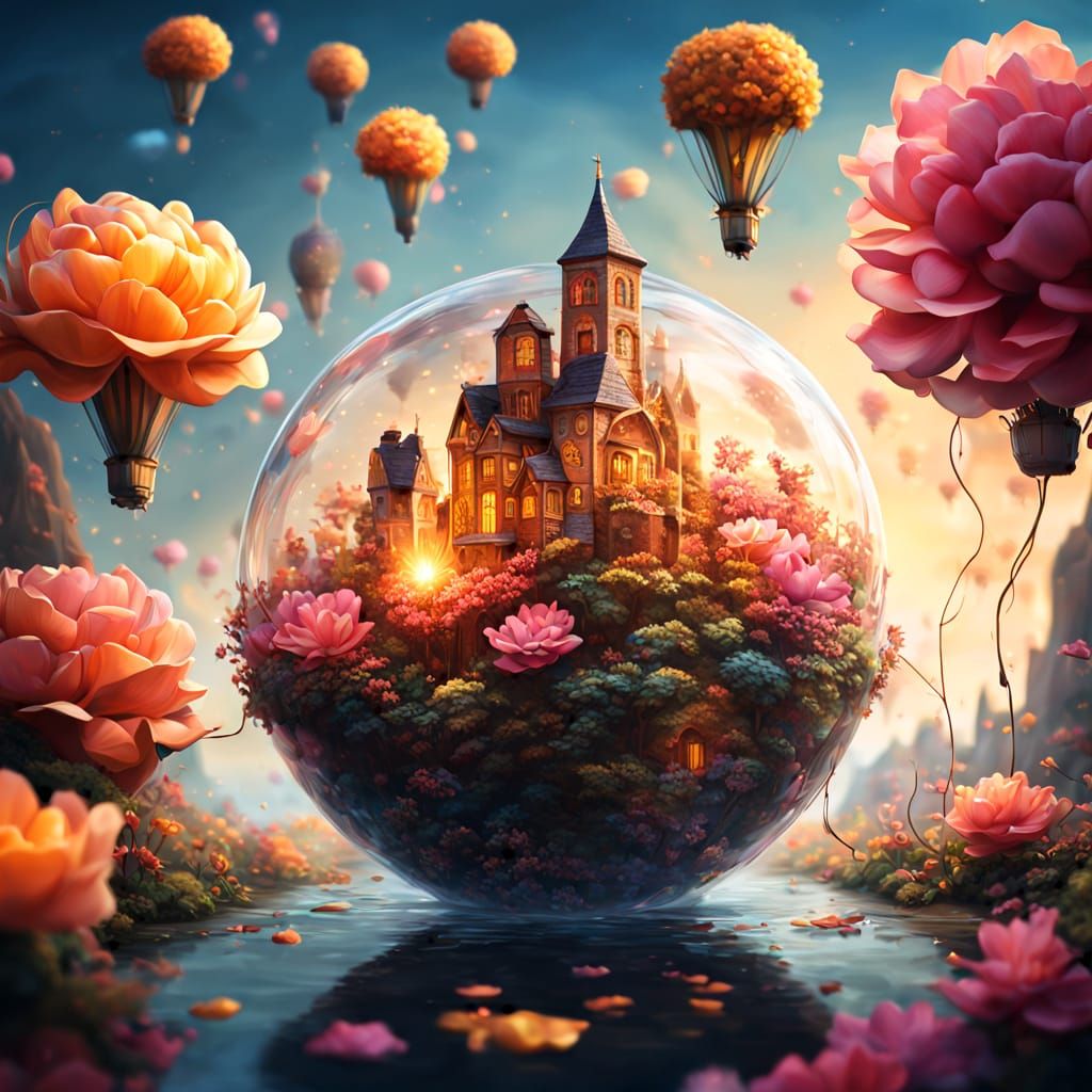 Hidden City in Giant Flower: Whimsical Oil Painting