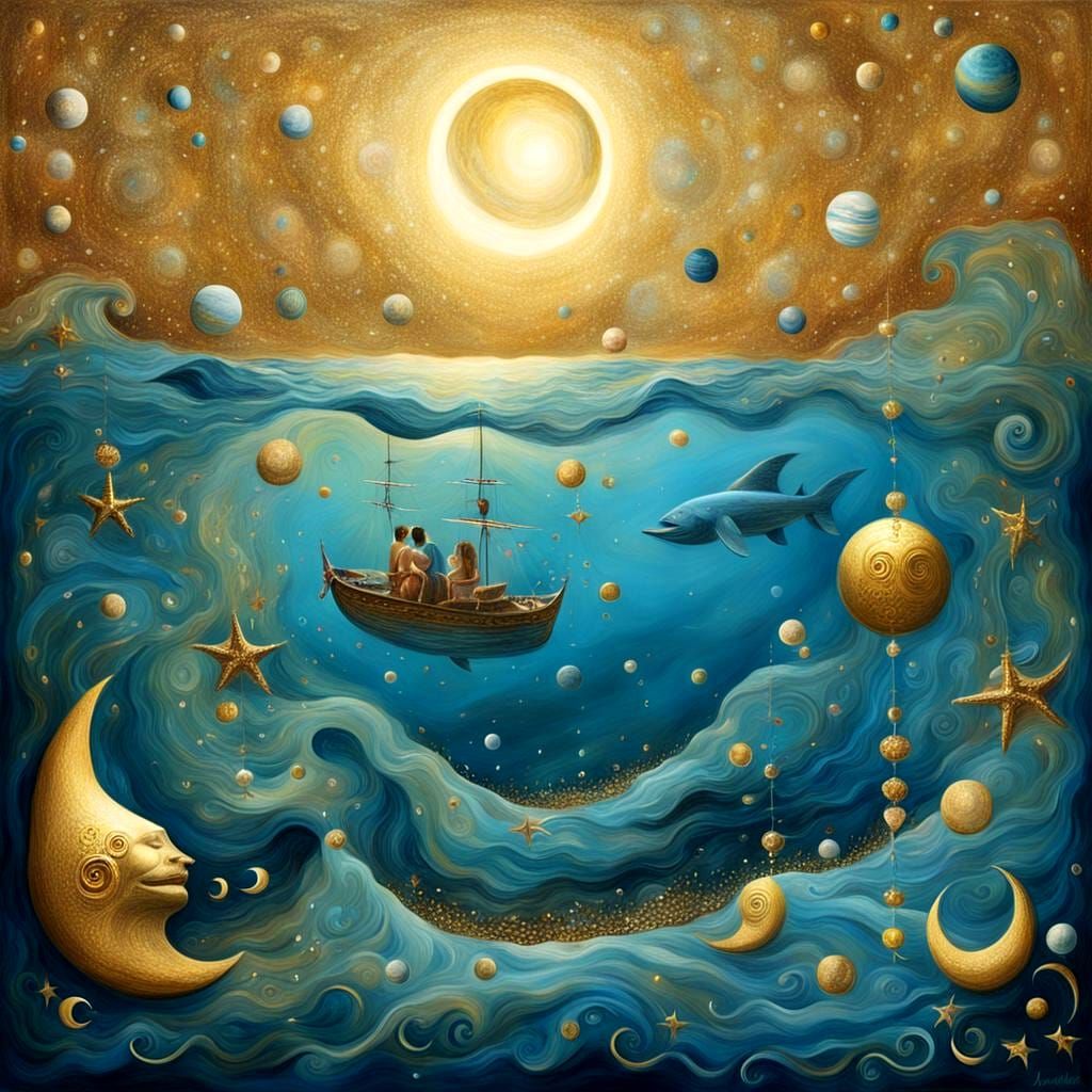 Surreal Love Composition with Sea, Gold, and Light