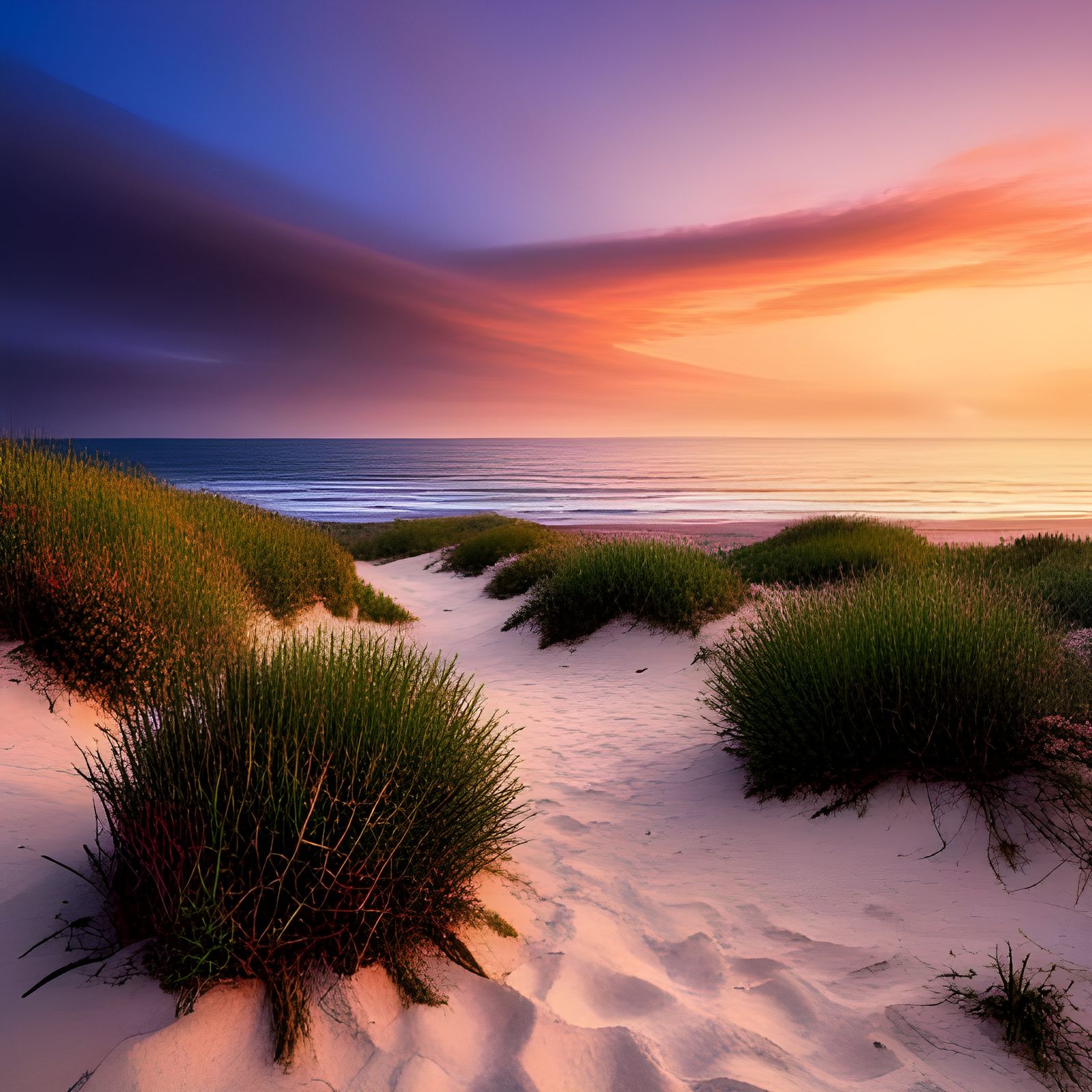 Opalescent Sunset Over Botanical Dune Landscape