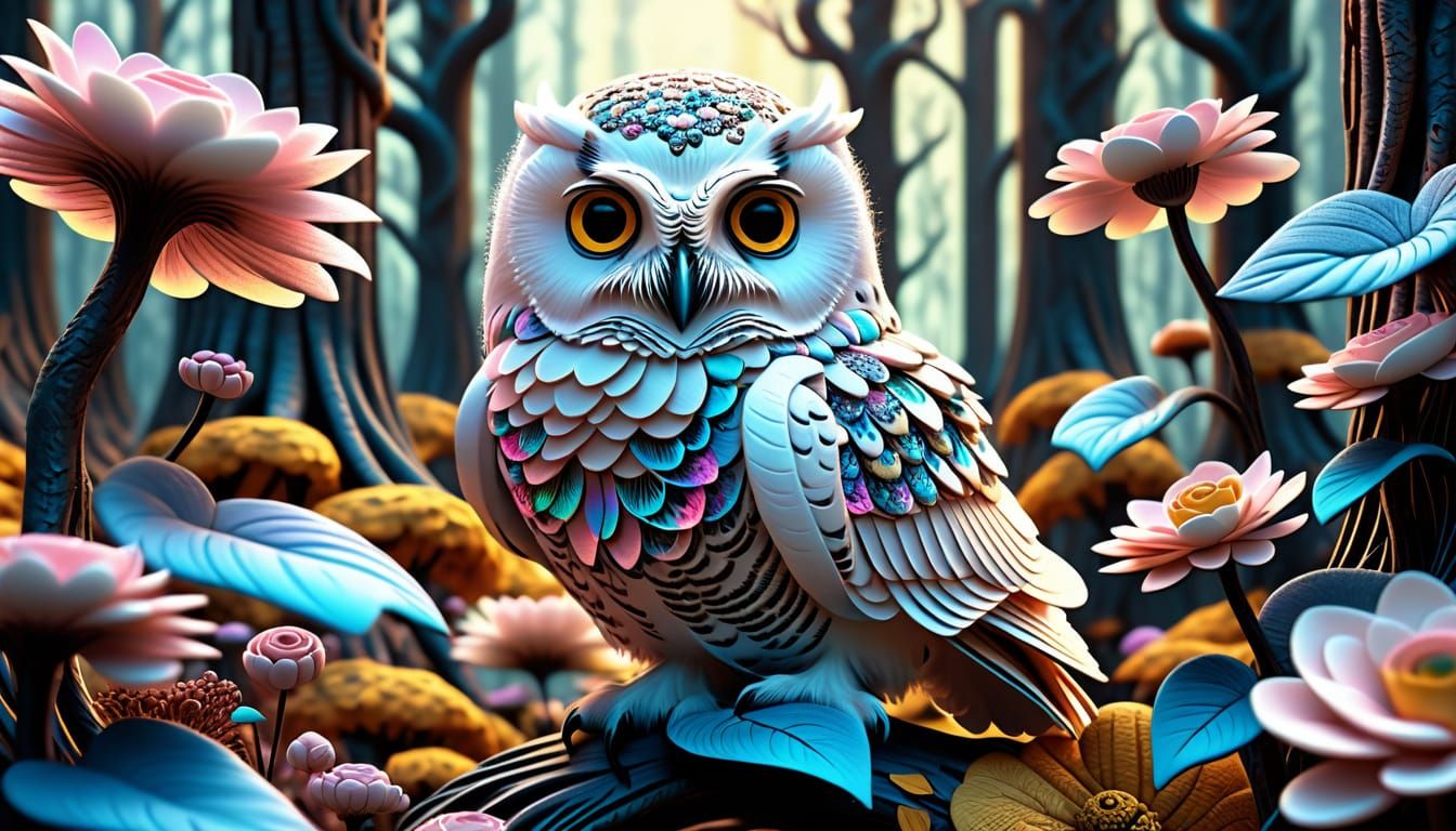 Whimsical Miniature Owl in Fantastical Forest, Rococo Art St...