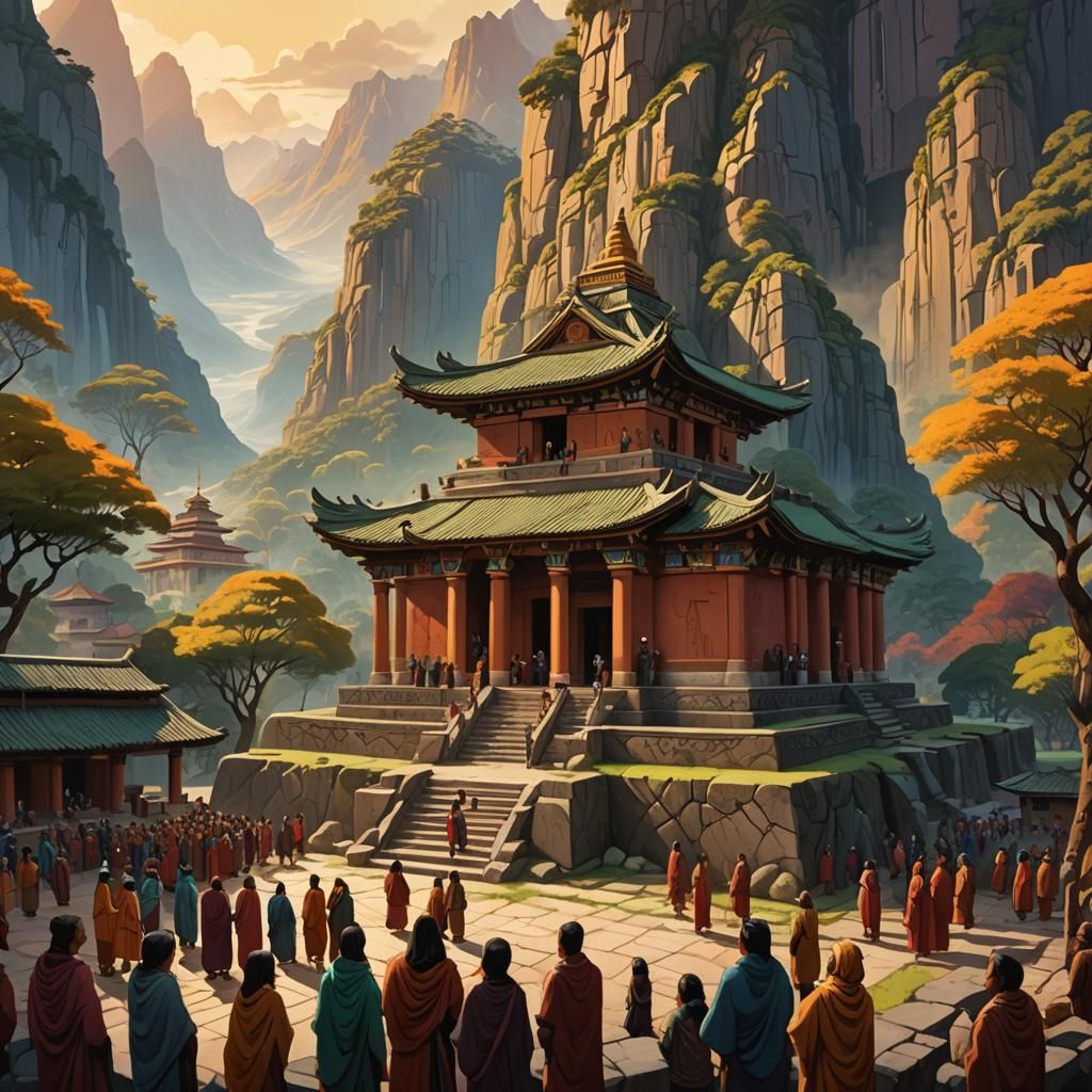 Indigenous Temple Gathering in Mountain Valley, Digital Pain...