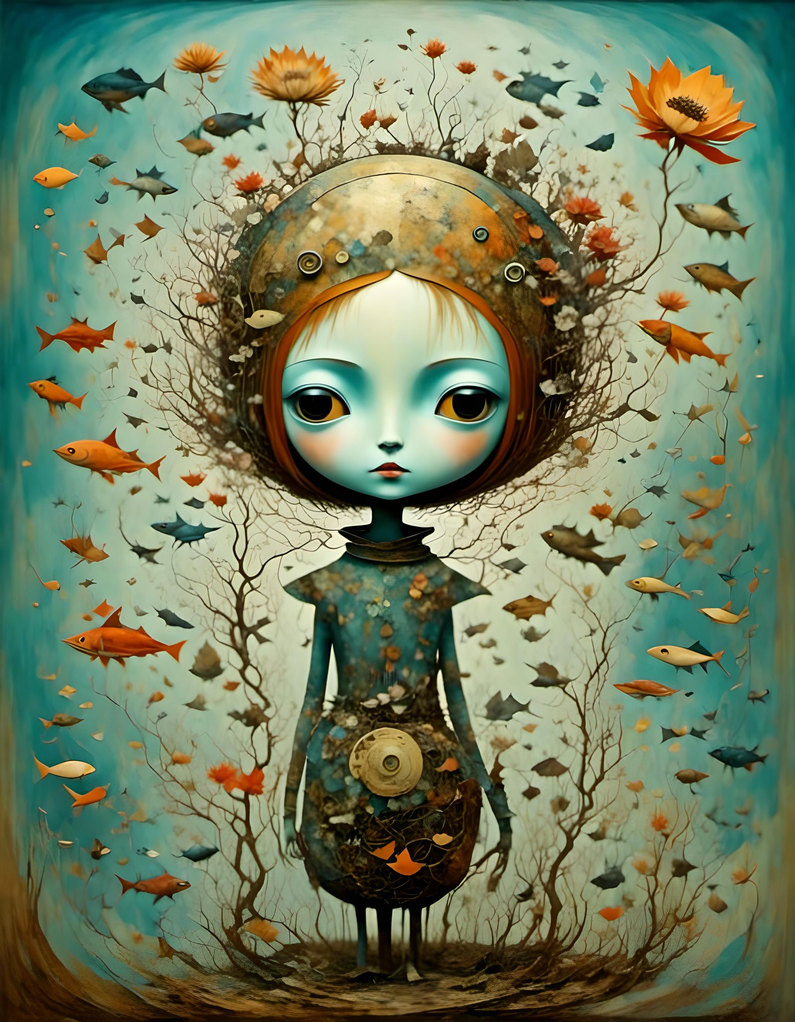 Cute Steampunk Robot Buddha with Lotus Flowers