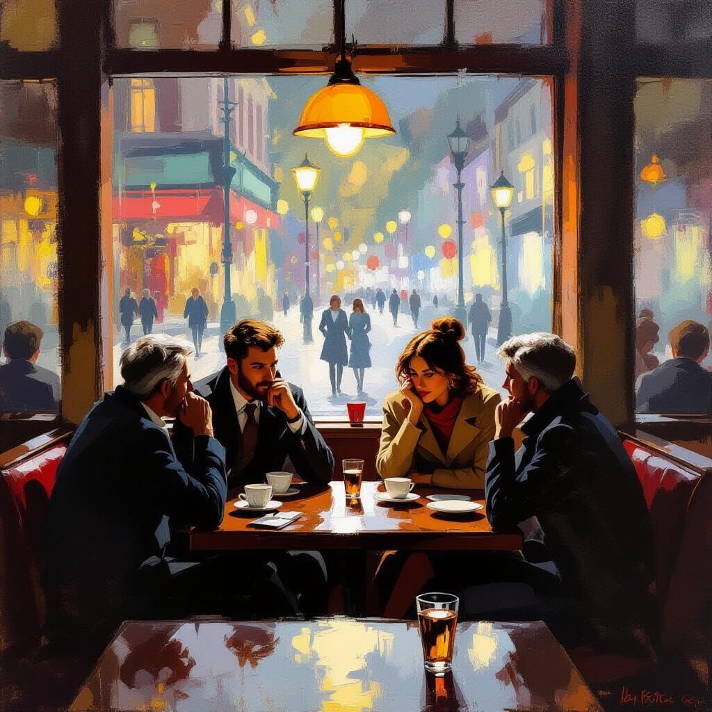 Diverse Individuals in Lively Cafe, Digital Painting Style