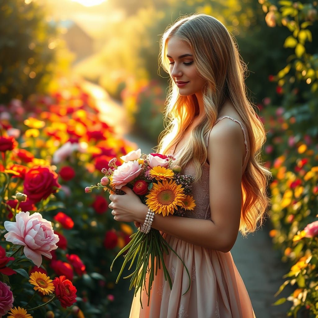 Serene Woman in a Lush Garden, Gently Gathering Vibrant Flow...