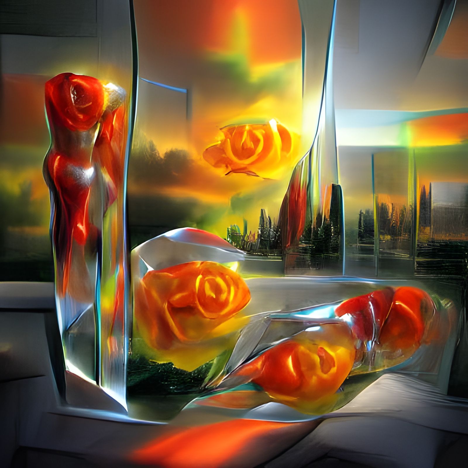 Hyperrealistic Art Deco Roses with Holographic Light
