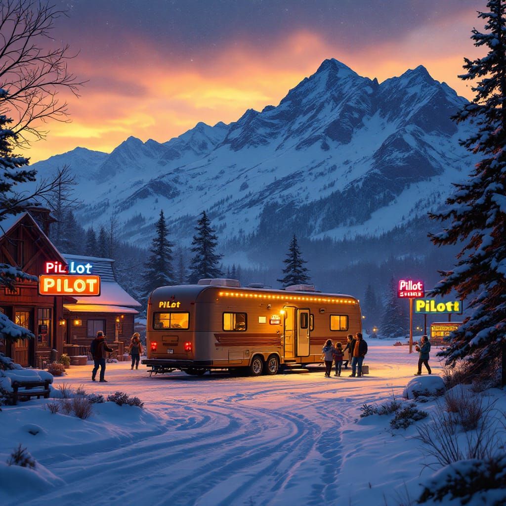 RV Family at Snowy Wyoming Truck Stop