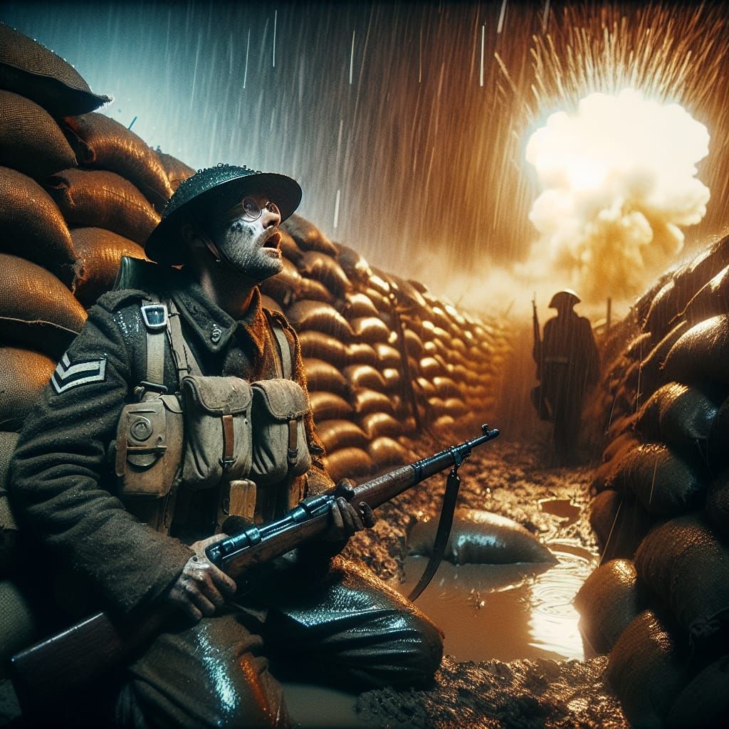 British Soldier in WWI Trench Under Explosions