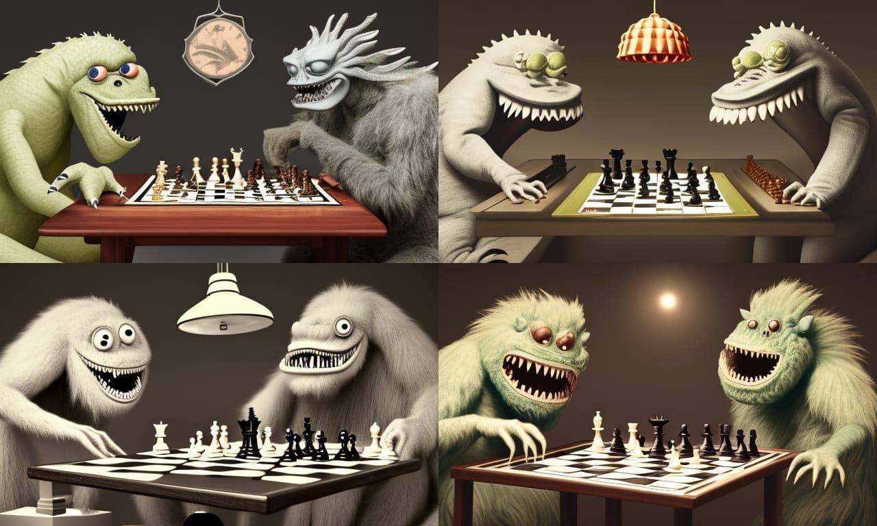Friendly Monsters Play Chess, Hyperdetailed Octane Render
