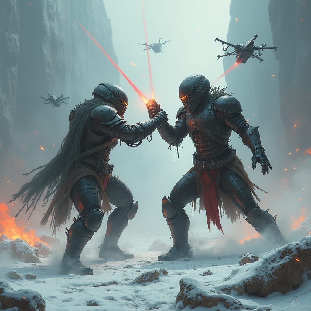 Futuristic Warriors Clash on Icy Battlefield in Cinematic St...