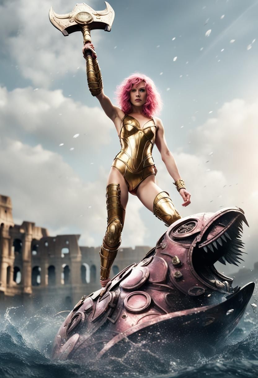 Armored Pink-Haired Gladiator in Colosseum