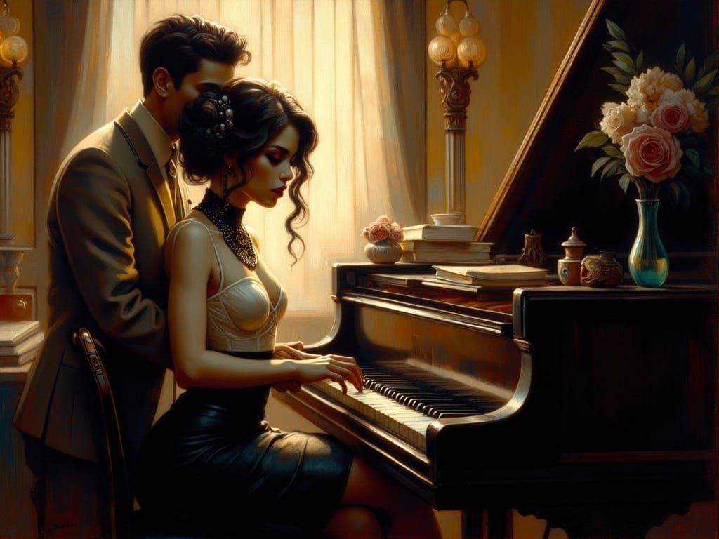 Romantic Piano Moment in Moody Film Noir Style