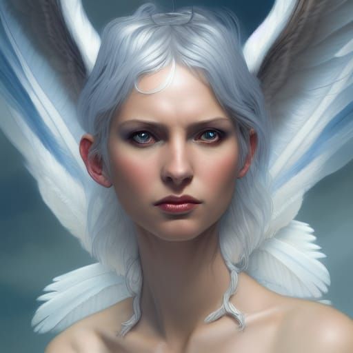 Harpy Portrait with White Wings in Hyperdetailed Style