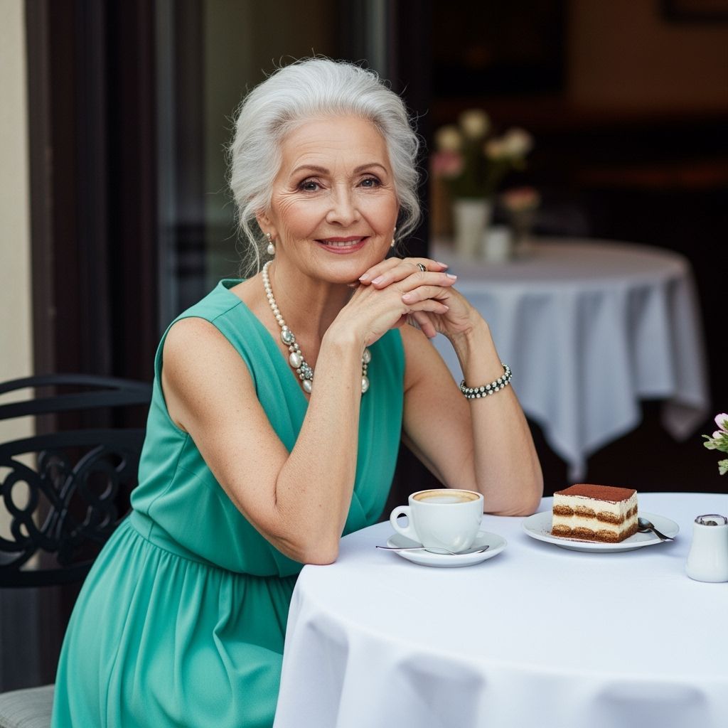 Elegant Silver-Haired Woman in Cafe, Studio Shot