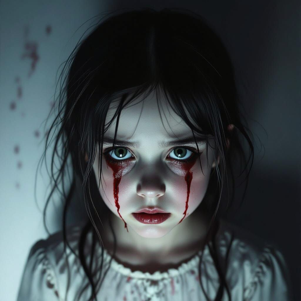 Gothic Horror: Girl With Blood Streaks in Shadowed Light