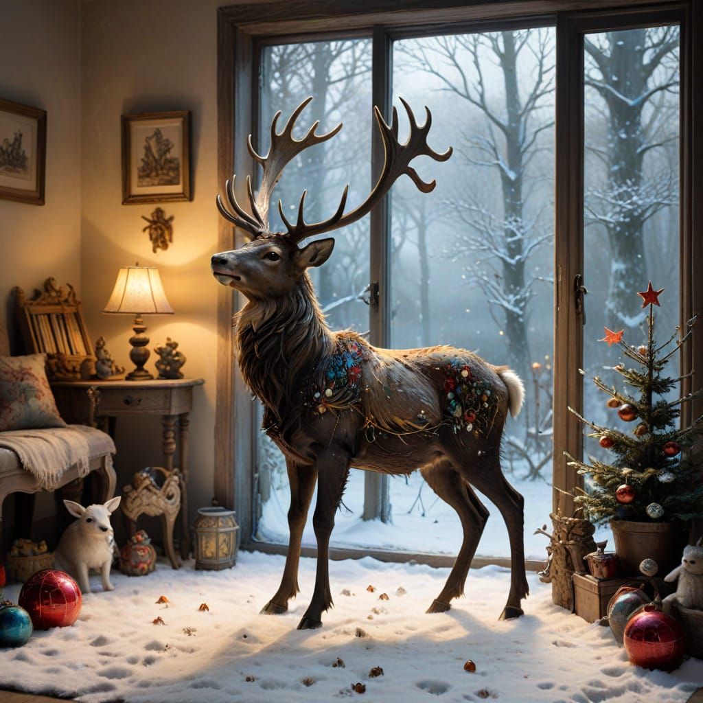 Majestic Stag Longingly Gazing Through a Frosty Window
