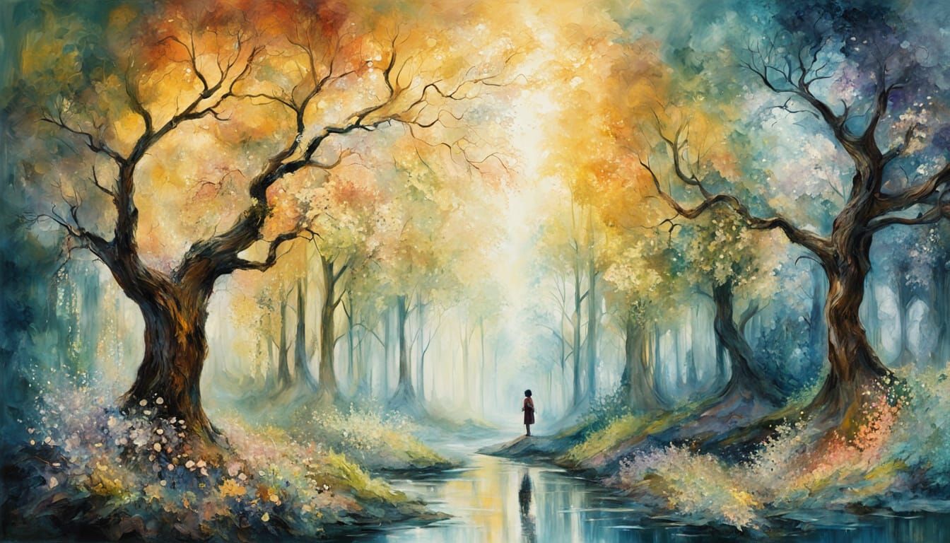 Child Gazing into Forest Light: Impressionistic Art